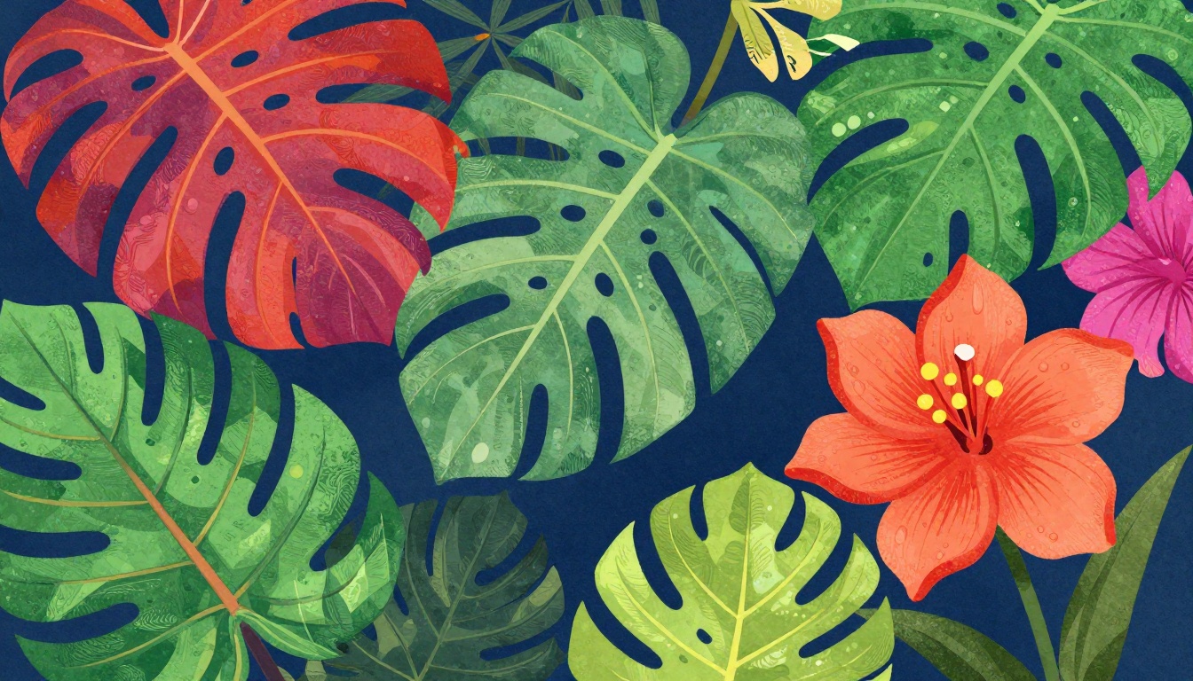 Vibrant botanical illustration poster with tropical leaves