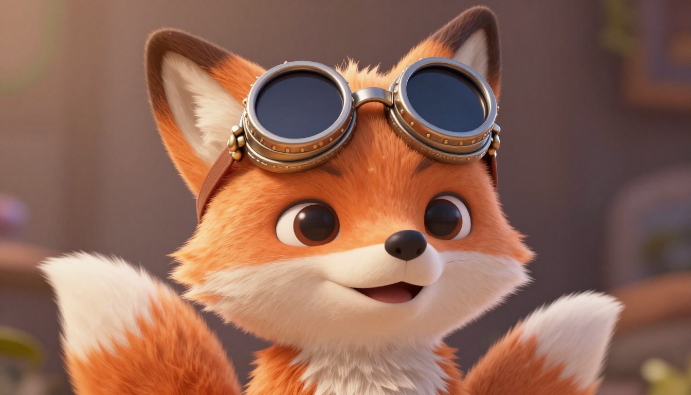 Cute fox character with steampunk goggles, 3D render